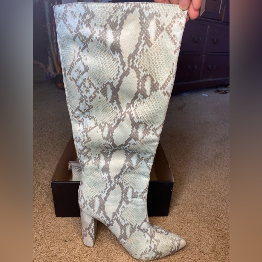 Snakeskin boots, “What’s it to you knee high boots” color mint
